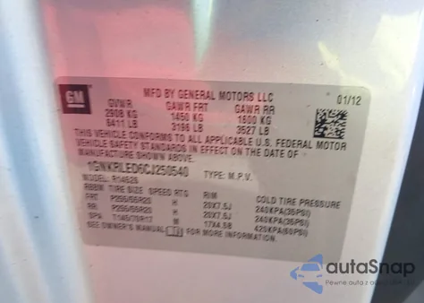 2012 Chevrolet Traverse Ltz z USA, uszkodzony, nr VIN 1GNKRLED6CJ250540